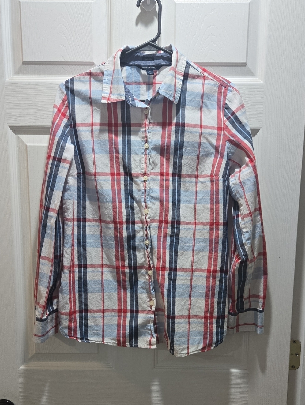 Tommy Hilfiger Red, Blue & White Plaid Button Men's Shirt. Size Medium.